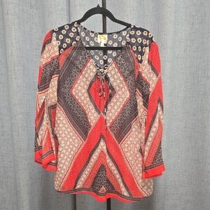 Fig and Flower Red and Black Geometric Blouse